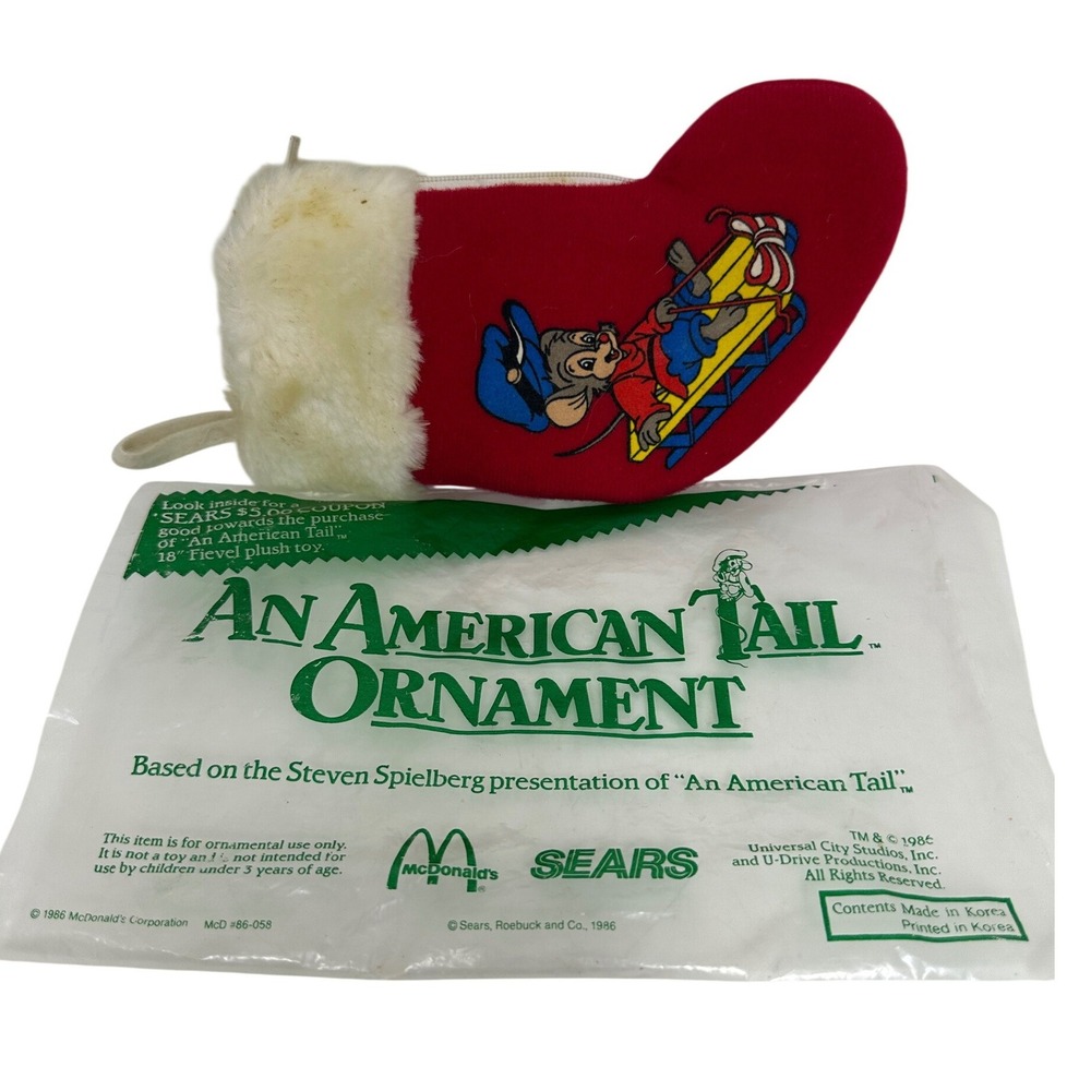 VTG An American Tail Ornament McDonald's Sears 1986 Fievel Mouse Red Stocking